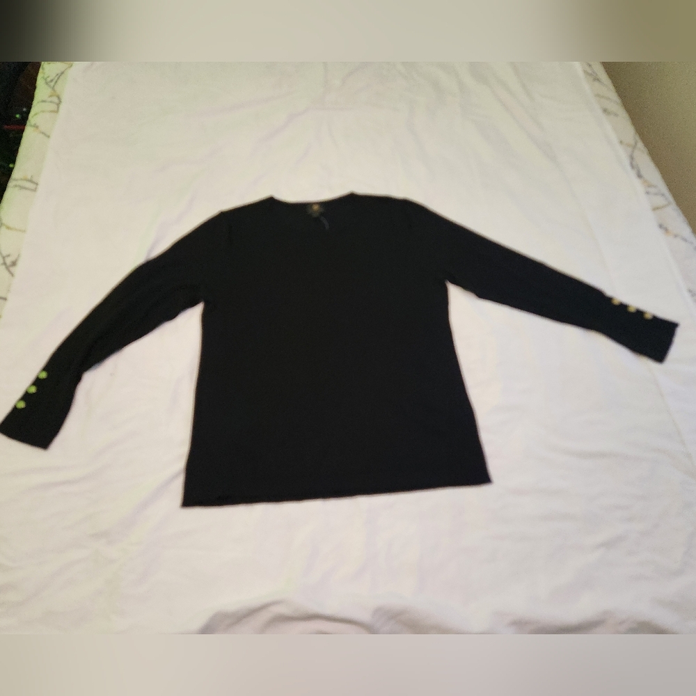 JM Collection Black Long Sleeve Top with Gold Button Accents